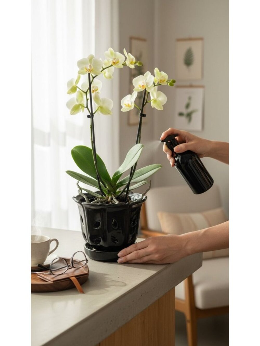 Ceramic Black Orchid Pot With Drainage Holes & Attached Saucer Glossy Finish Sca